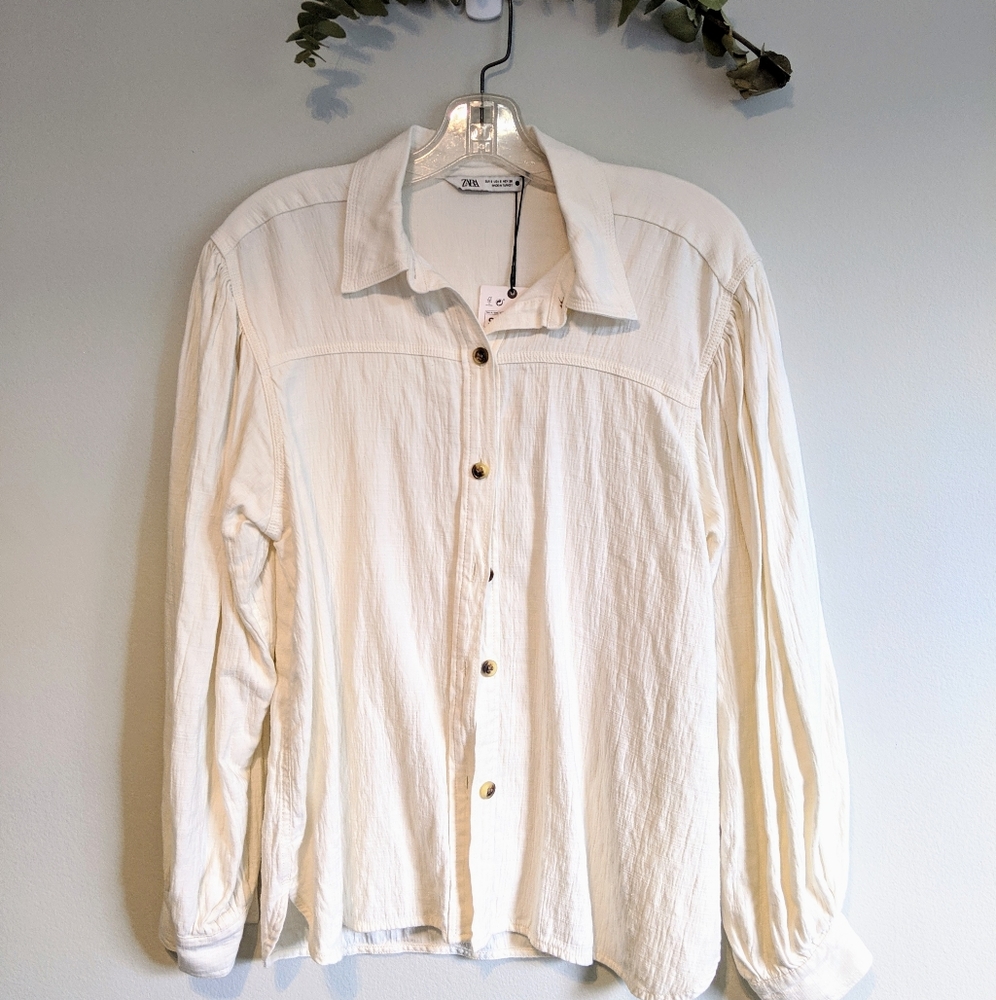 Zara Cream Color Long Linen Shirt Button Down